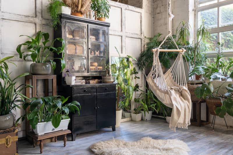 Cozy rope swing in living room with houseplants.