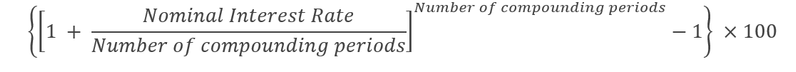 APY formula: Divide the nominal interest rate by the number of compounding periods. Add 1 to that result. Raise that solution to the number of compounding periods. Subtract 1 from that result. Multiply by 100.