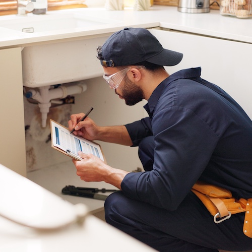 Plumber squatting onto kitchen floor to look under the kitchen sink while holding a clipboard.