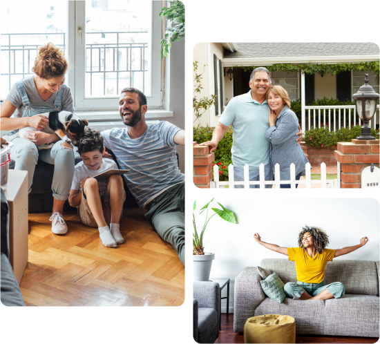 Clockwise from left: A white family of three and their dog lounge in a living room with a parquet floor; a middle-aged couple pose in front of their home; a multiracial woman in a gold t-shirt stretches on her gray couch.