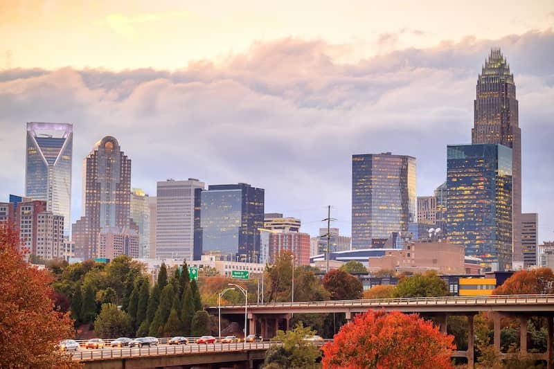 Skyline view of downtown Charlotte in North Carolina during autumn.