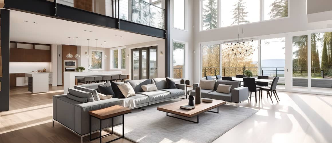 Interior of open floor plan style living room with cathedral ceilings with large windows.