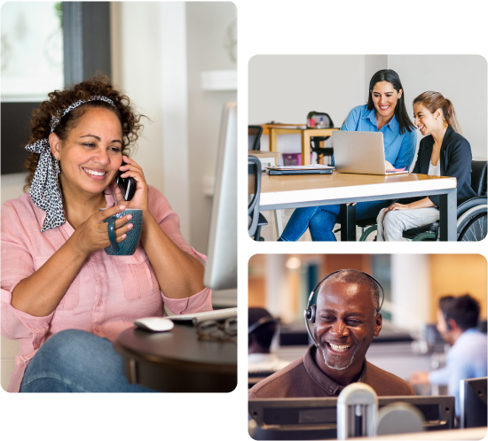 Clockwise from left: A smiling woman holds a coffee cup while talking on the phone; two women at a table look at a laptop together; a smiling Black man wearing a headset helps a Rocket Mortgage client.