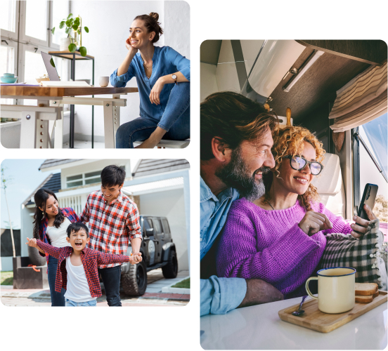 Clockwise from top left: A woman in a blue shirt sitting at a modern white desk with a butcher block top looks out the window; a red-haired woman in a purple sweater looks at her phone while her bearded husband looks over her shoulder; a multiracial family of three wearing plaid shirts have some fun in the driveway of their home.