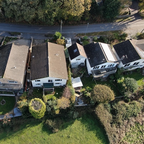 Aerial view of a row of houses.