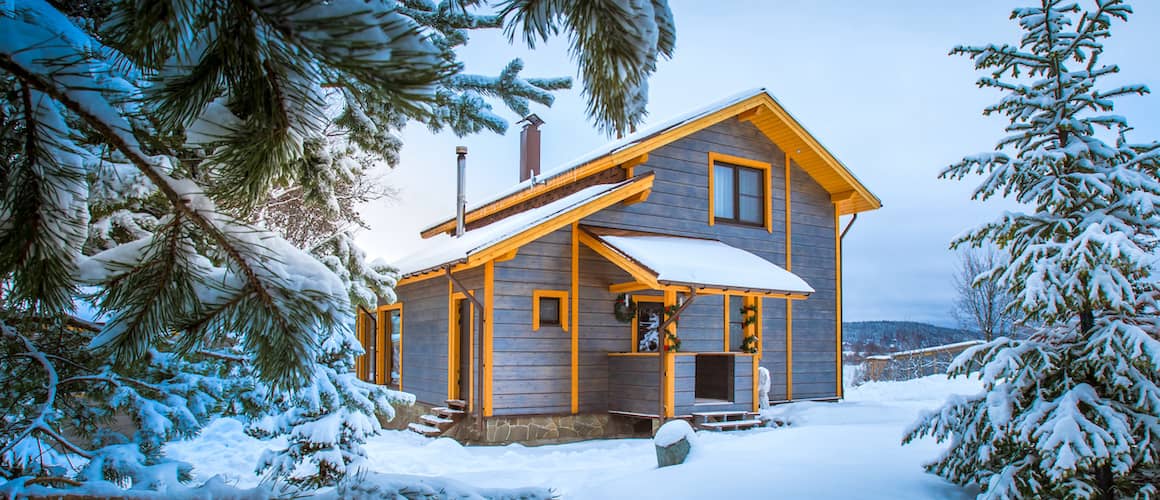 Country cottage, showcasing a cozy rural dwelling with natural surroundings in snowy weather.