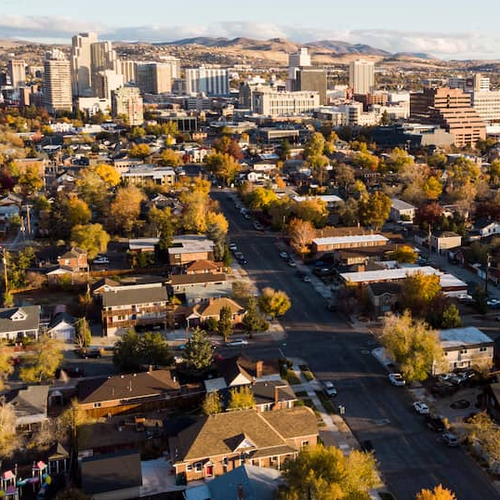 An aerial city view, showcasing a cityscape or urban area from above.