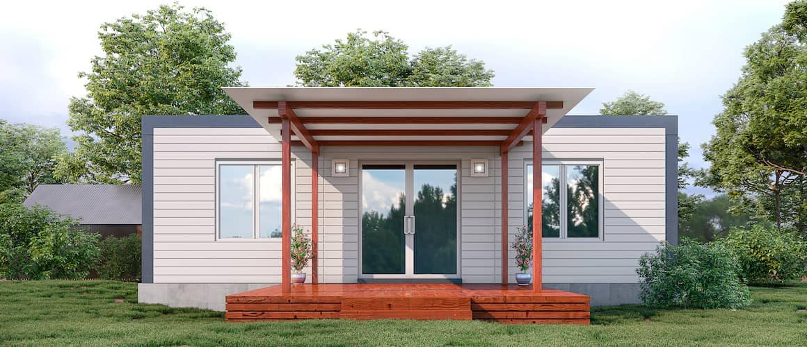 Modern modular home exterior, potentially depicting a contemporary prefab home design.