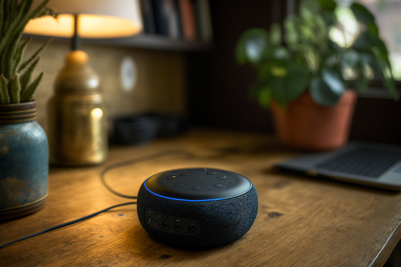 Echo from Amazon Alexa on the table. Alexa is a virtual personal assistant developed by Amazon with the aim of assisting in the execution of some everyday tasks. The user interacts through speech.