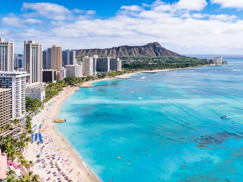 Bird's eye view of Waikiki Beach in Hawaii.