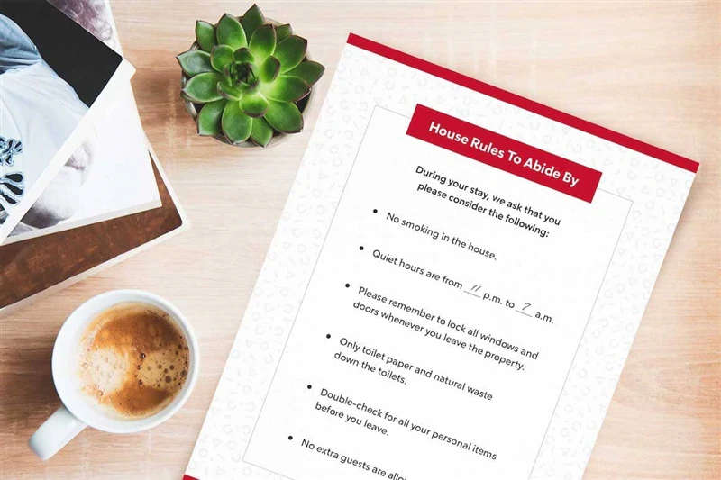 A piece of paper laid out on a table that lists rental house rules to follow.