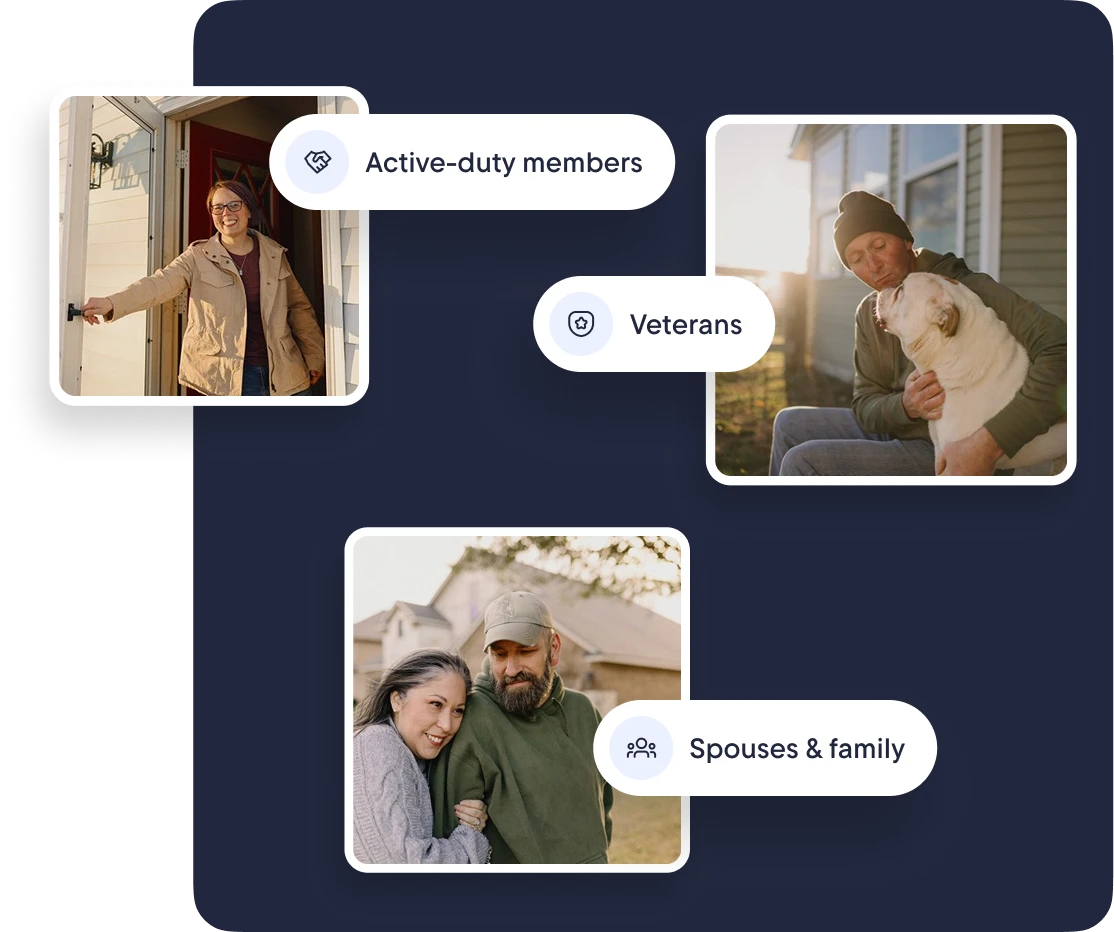 Collage showing an active-duty service member opening a door, a veteran with their dog, and a couple identified as spouses and family, each labeled on a dark blue background.