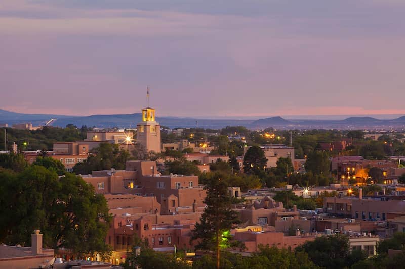 Santa Fe, New Mexico at dusk.