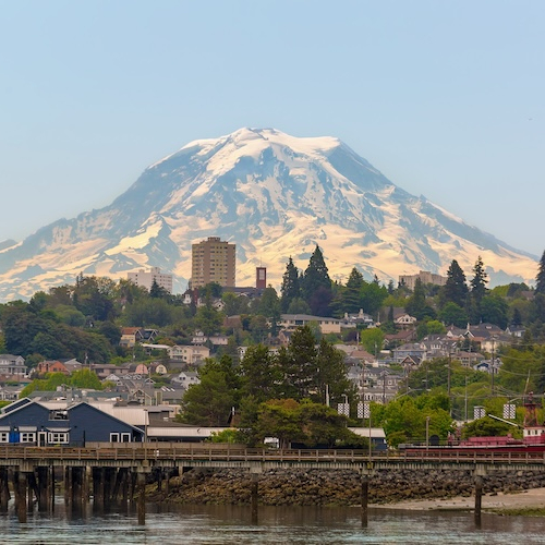 Waterfront in Tacoma, Washington, with Mt. Rainier in the background.