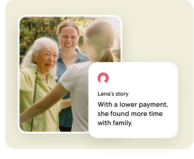 An image of a grandmother opening her arms towards her granddaughter outside their yard, while another woman stands beside her. The image is on top of a green background and a card displaying the client's story overlays the image.