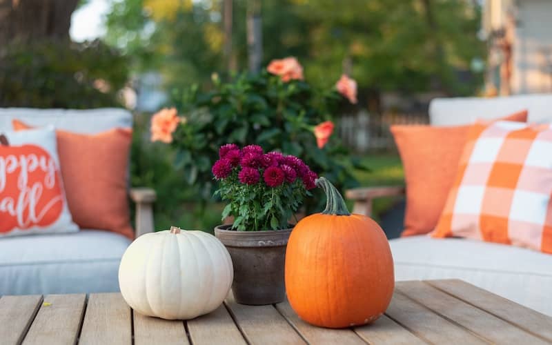 Fall themed outdoor table and chairs with white and orange pumpkins, burgundy mums and fall themed pillows.