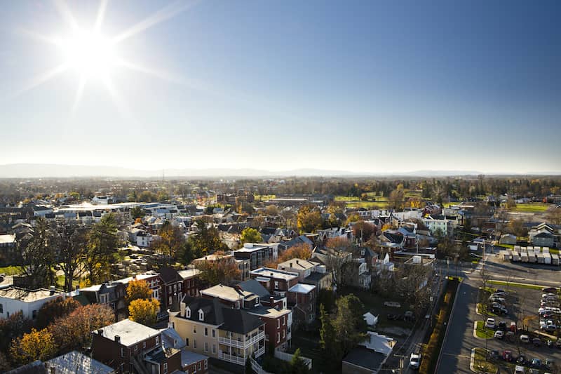 RHB Assets From IGX: Aerial view of Hagerstown, Maryland, showcasing a mix of residential and commercial buildings.