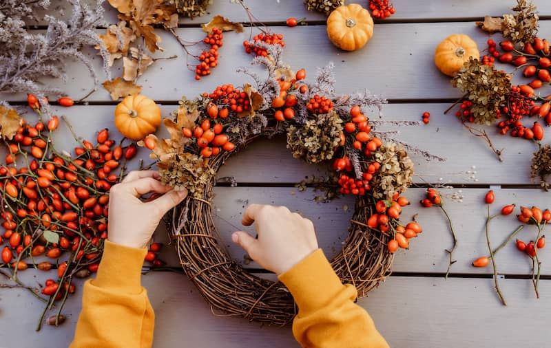 Fall wreath being decorated. 