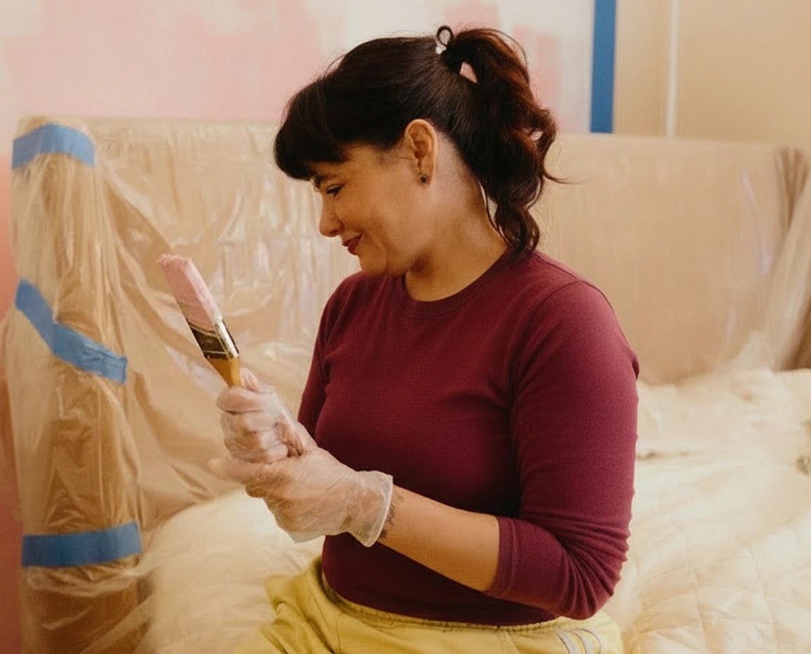 Woman holding a paintbrush while painting a room