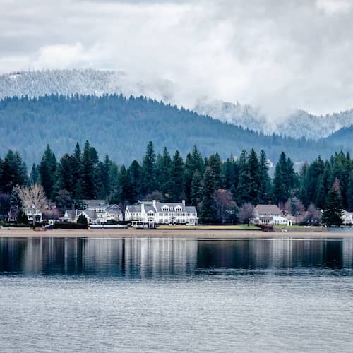 Big, beautiful homes along the shoreline of Lake Coeur d'Alene, Idaho.