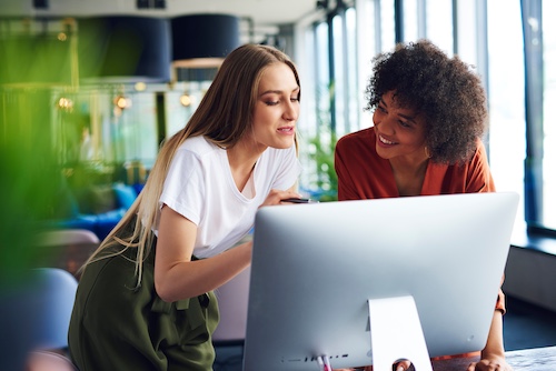 Young women colleagues working together in an office.