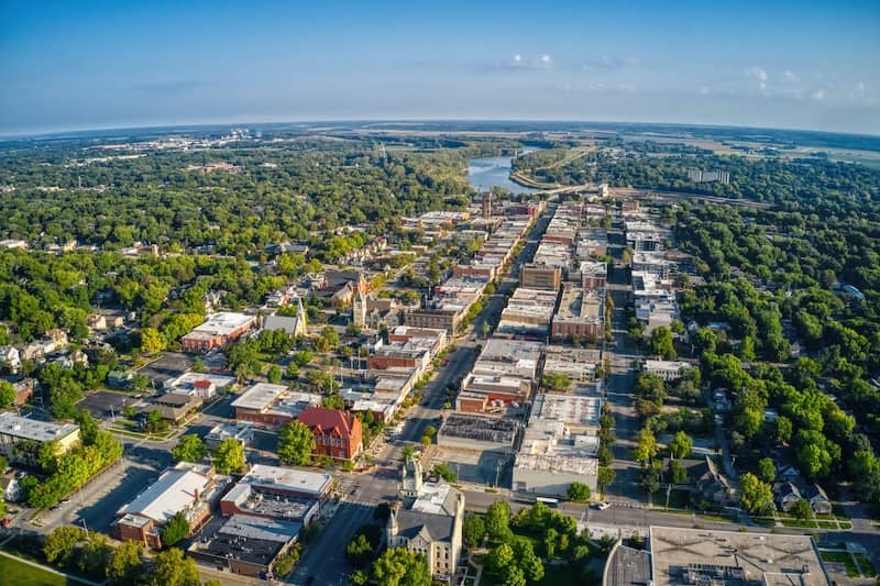 RHB Assets From IGX: Aerial view of Lawrence, Kansas and its state university