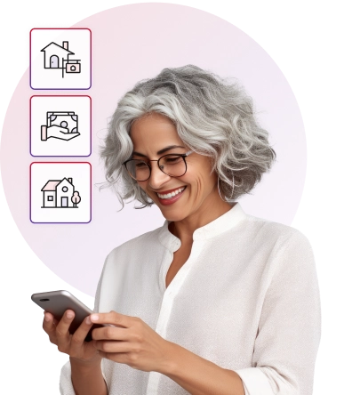 A woman in a white shirt with wavy silver hair smiles as she looks at how much she saved with Rocket Homes and Rocket Mortgage on her phone.