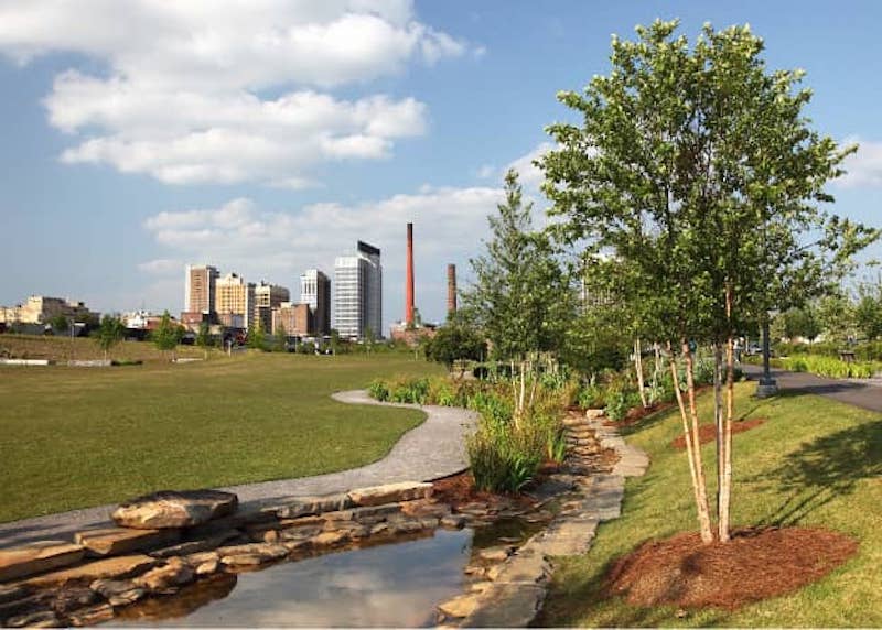 View of park walkway leading to skyline view of Jefferson, Alabama.