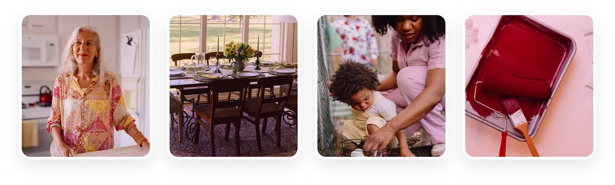 Older woman standing in a kitchen beside a dining table set with flowers and place settings.
