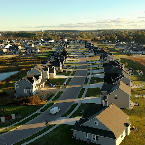 Residential neighborhood in Midwestern USA at sunset.