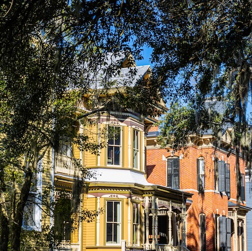 Old homes in Savannah, Georgia, seen through branches covered in Spanish moss.