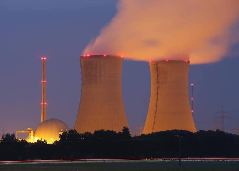 Nuclear power plant at dusk.