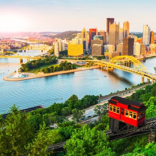Sunset view of the Duquesne Incline and the three rivers in Pittsburgh, Pennsylvania. 