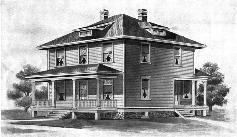 Black and white sketch of Sears catalog two story home with covered porch.