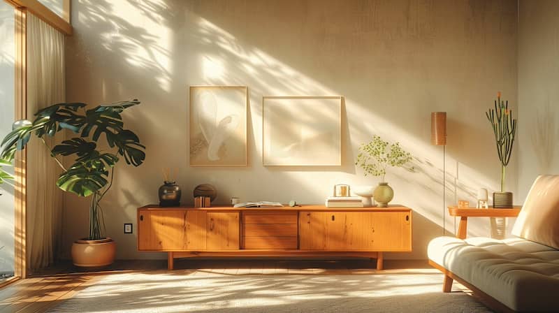 Minimalist sun filled room featuring Midcentury Modern wood side table.