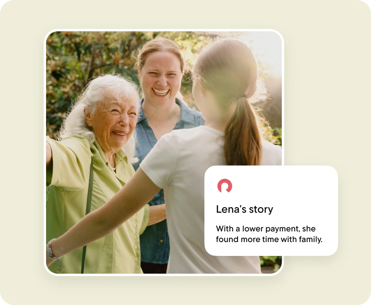 A grandmother opening her arms towards her granddaughter outside their yard, while another woman stands beside her.