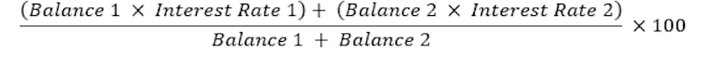 equation ((balance 1 × balance 2) + (balance 2 × interest rate 2)) ÷ (balance 1  + balance 2) × 100