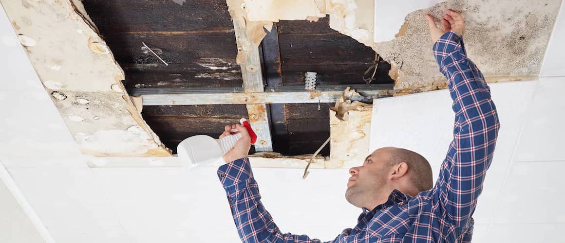 A man cleaning mold in the ceiling, potentially related to home maintenance or repair.