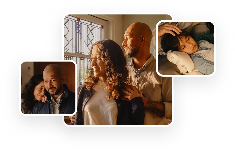 A collage of family photos featuring playful outdoor moments with parents and a child.