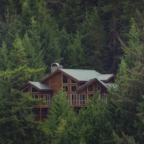 Large wooden luxury home nestled amongst tall pine tree forest on Fidalgo Island, Washington.
