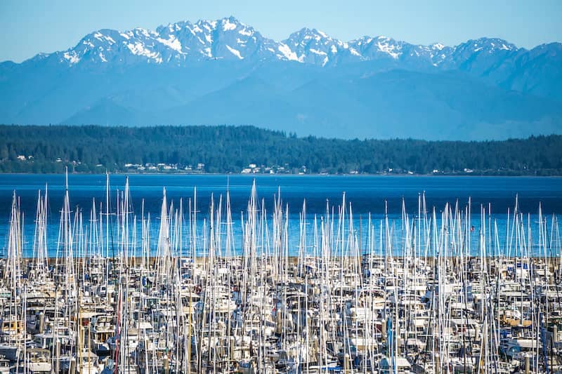 Numerous boats on the water with the Olympic Mountains in the background.