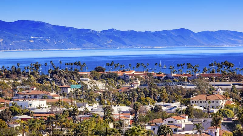 RHB Assets From IGX: Santa Barbara, California coastline with palm trees and mountains.