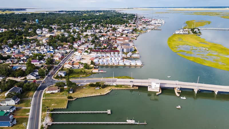 Aerial view of Chincoteague Island in Virginia.