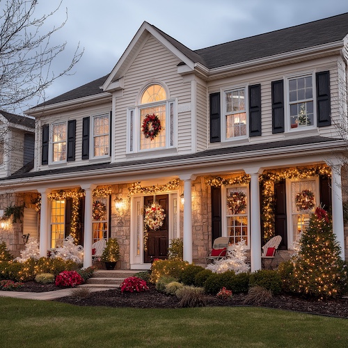 Exterior of suburban home with holiday decorations.