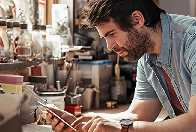 A man standing in a workshop, focused on his phone amid tools and equipment