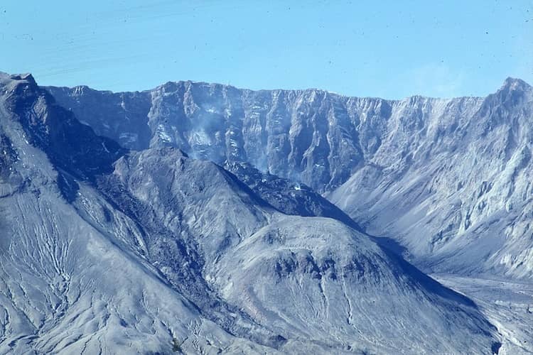 A photo of Mount St. Helens from Hinckley showing the crater formed by the 1980 eruption.