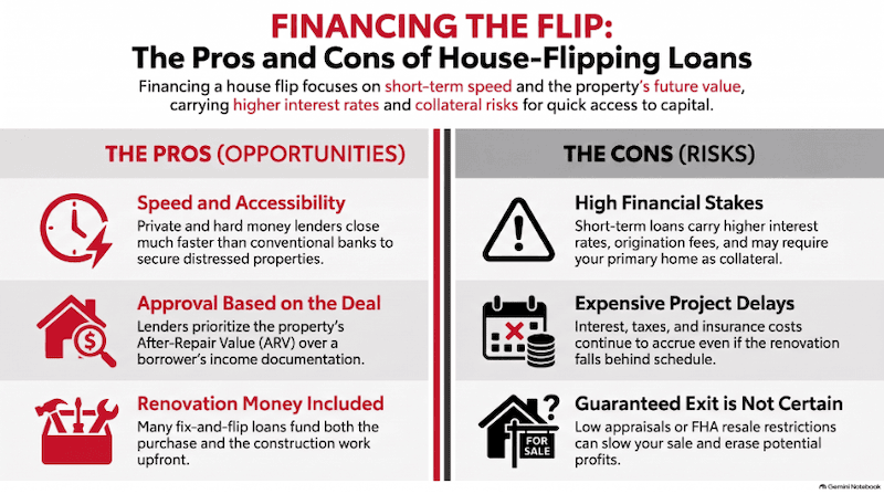 Infographic titled Fiancing the Flip - The Pros and Cons of House-Flipping.
