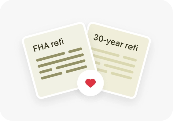 Two overlapping cards. The right card displays “30-year fixed refi” with placeholder lines for details. The left card displays “FHA refi” with placeholder lines for details.