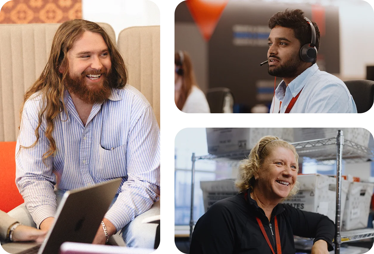 A collage of three workplace scenes. On the left, two individuals walk down a staircase—one holding a coffee cup, the other carrying a notebook. In the top right, a person wearing a headset works at a computer station with multiple monitors. In the bottom right, four people sit around a table engaged in discussion, with one using a laptop.