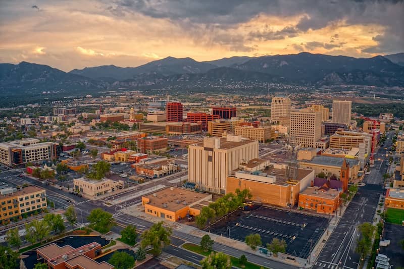 Aerial view of Colorado Springs at dusk.